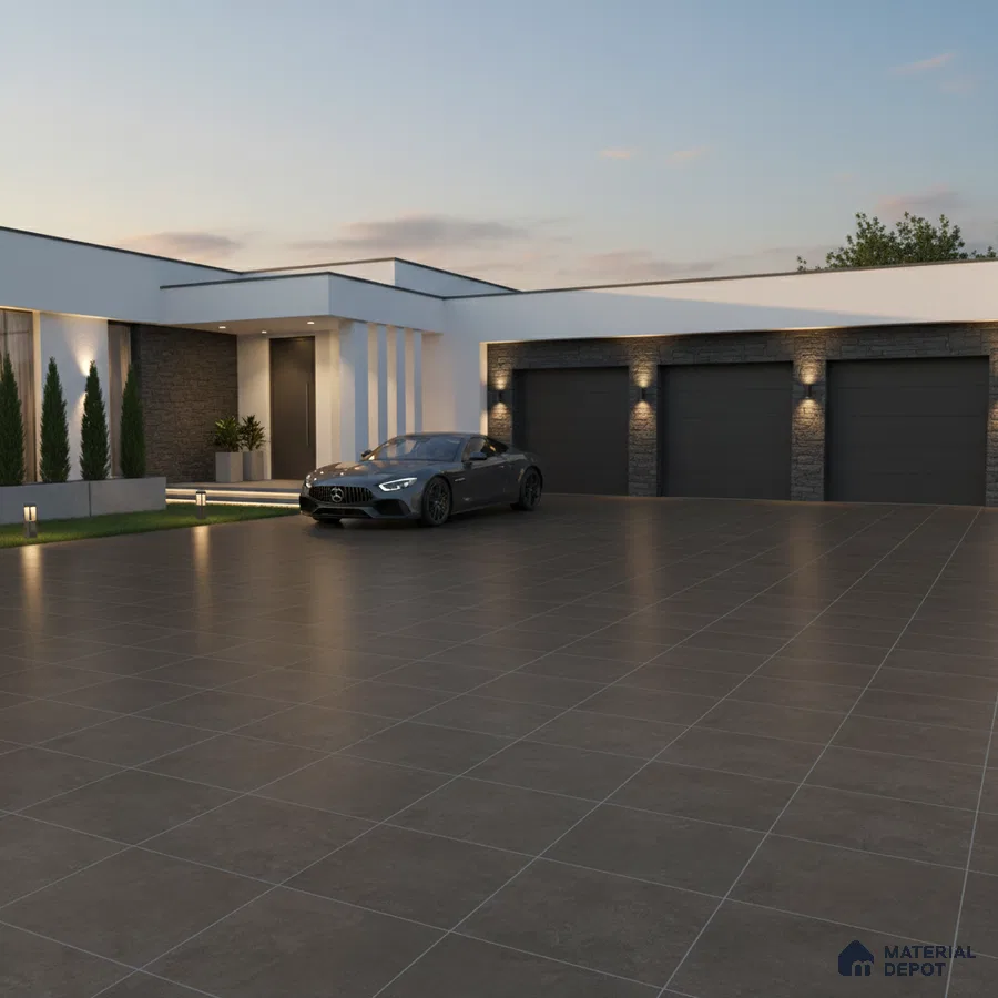 Modern parking with large format matte brown floor tiles and stone cladding accents