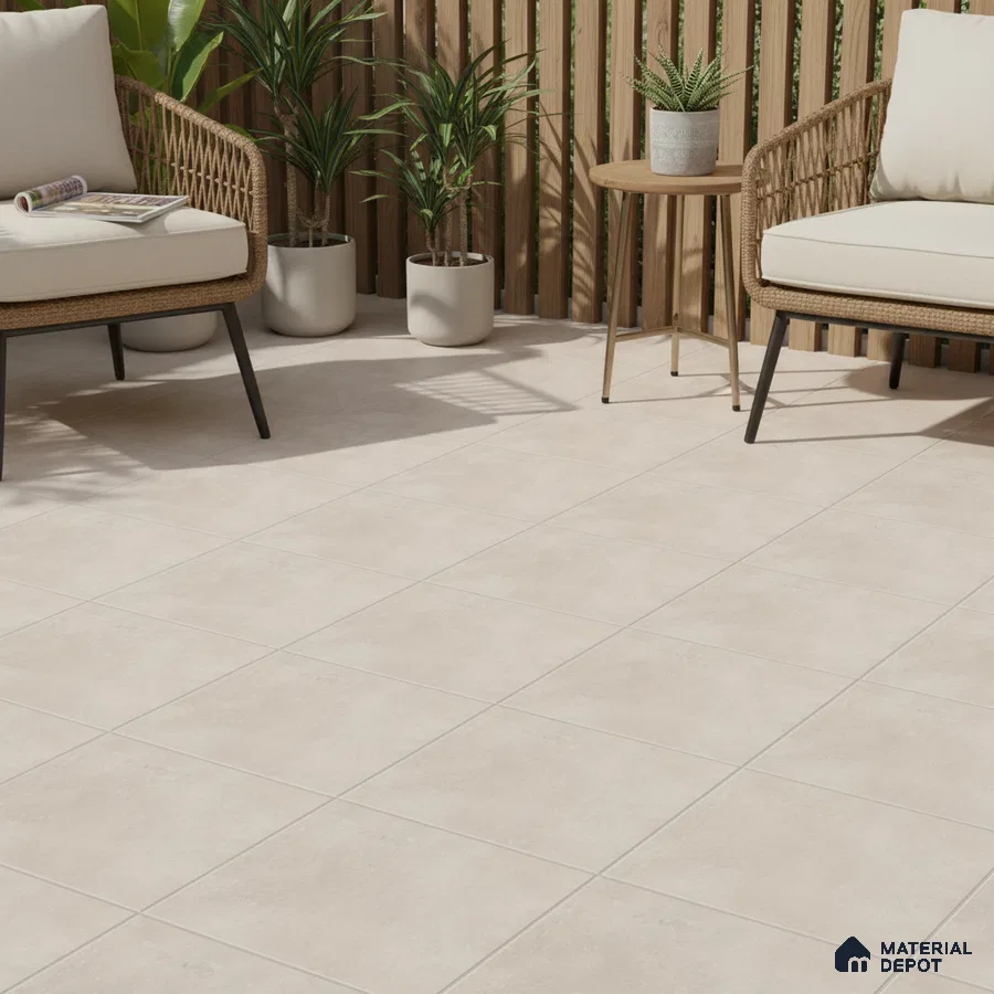 Scandinavian outdoor seating with beige ceramic floor tiles and wooden louver panels