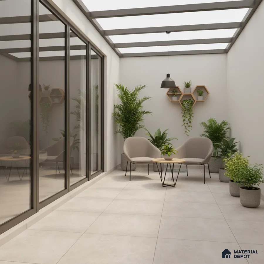 Minimalist balcony with large beige floor tiles and modern planters