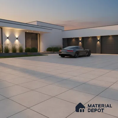 Modern parking with large format beige outdoor tiles and stone cladding accents
