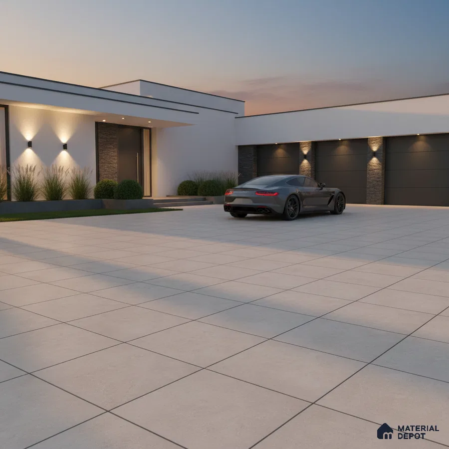 Modern parking with large format beige outdoor tiles and stone cladding accents