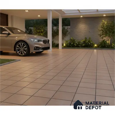 Modern parking with terracotta anti-skid floor tiles and stone cladding accent wall