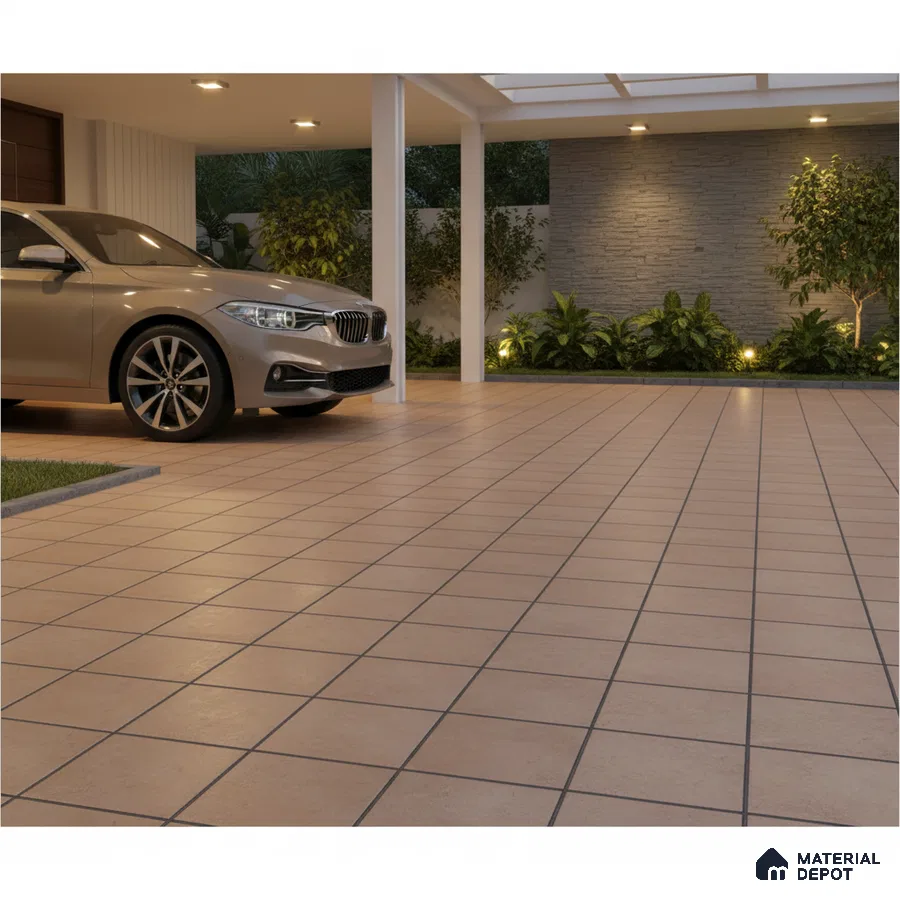 Modern parking with terracotta anti-skid floor tiles and stone cladding accent wall