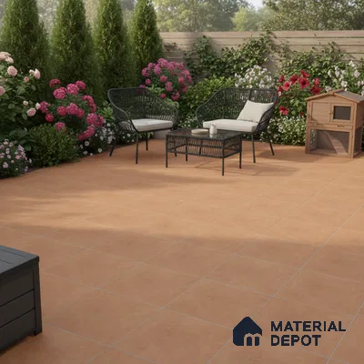 Modern outdoor patio with terracotta floor tiles and black wicker furniture