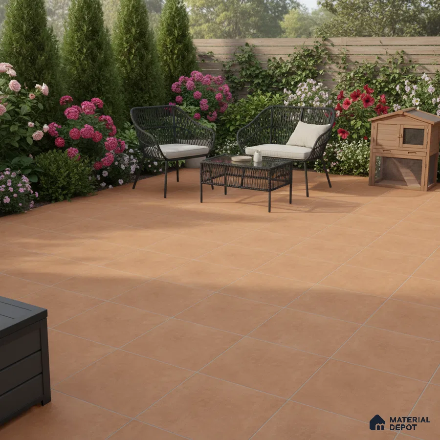 Modern outdoor patio with terracotta floor tiles and black wicker furniture