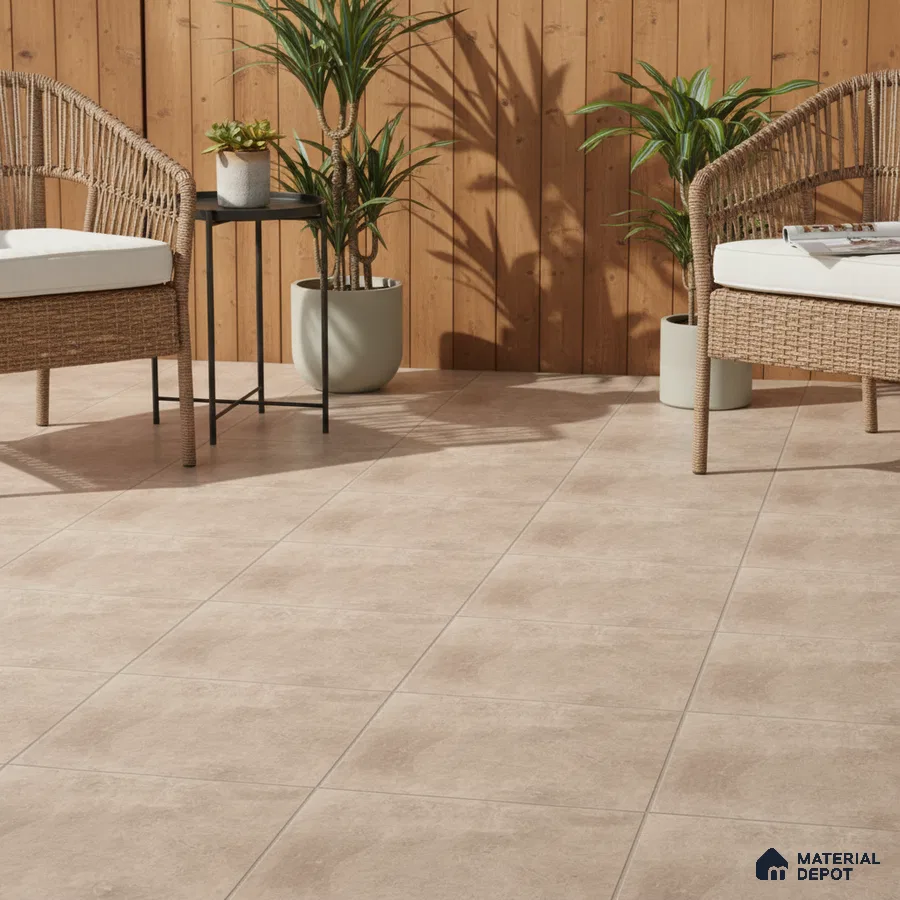 Scandinavian outdoor space with beige stone-look floor tiles and natural wood cladding