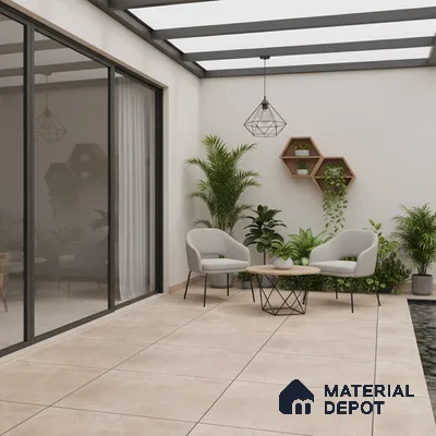 Minimalist balcony with beige stone-look floor tiles and wooden hexagonal wall shelves