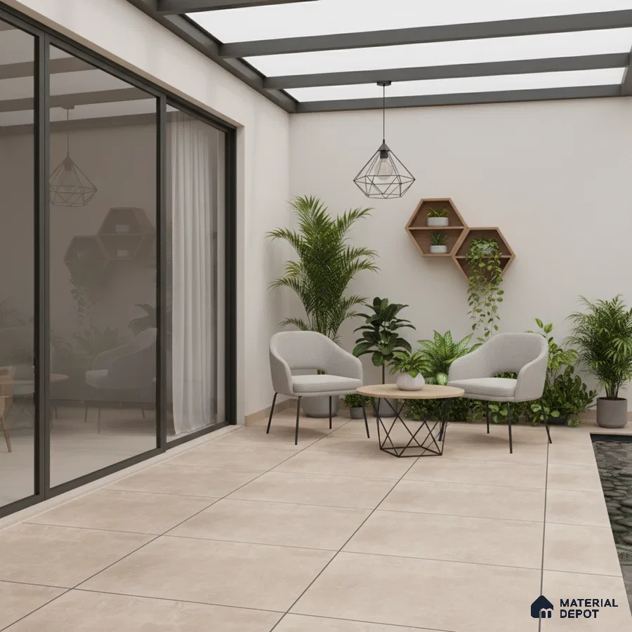 Minimalist balcony with beige stone-look floor tiles and wooden hexagonal wall shelves