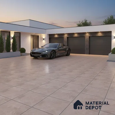 Modern parking with beige outdoor floor tiles and black stone cladding garage facade
