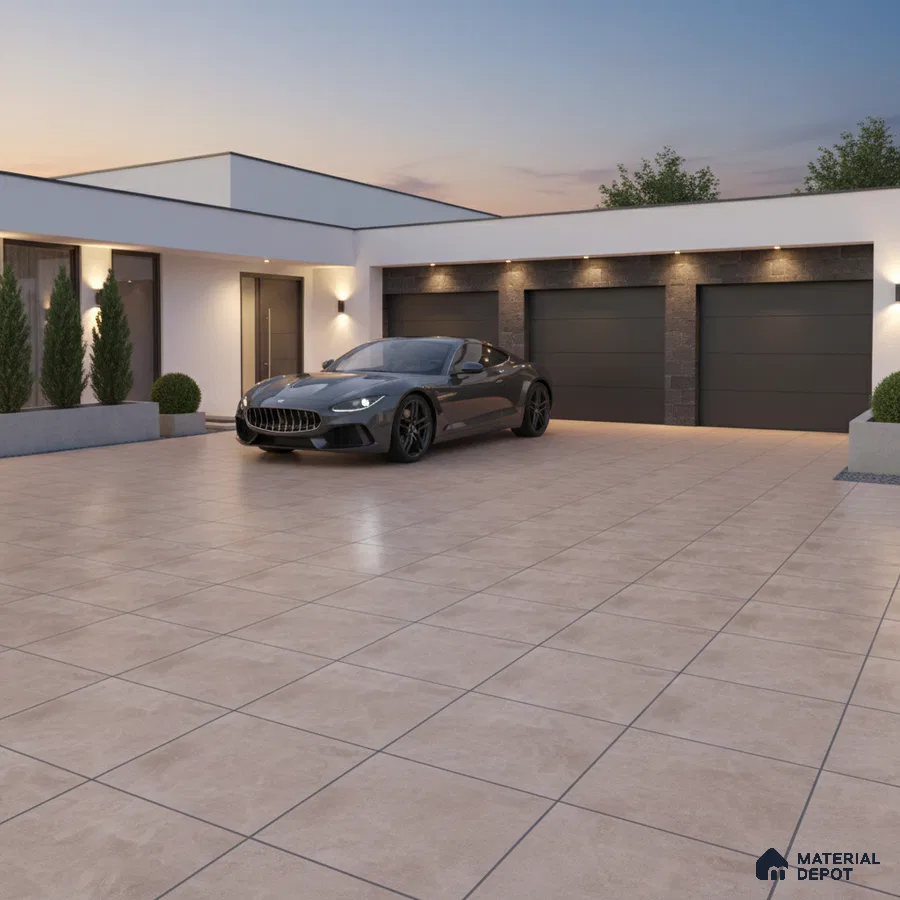 Modern parking with beige outdoor floor tiles and black stone cladding garage facade