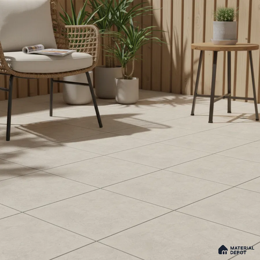 Scandinavian balcony with beige stone-look floor tiles and light wood vertical wall panels