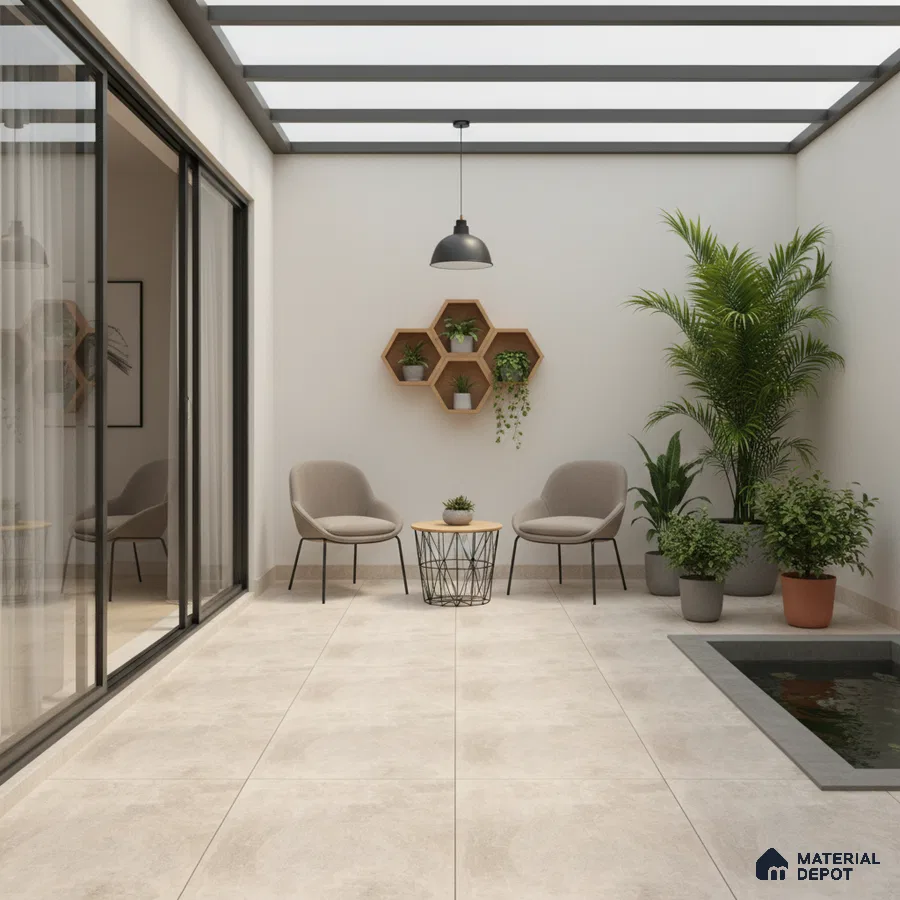 Minimalist balcony with beige stone floor tiles and modern planters