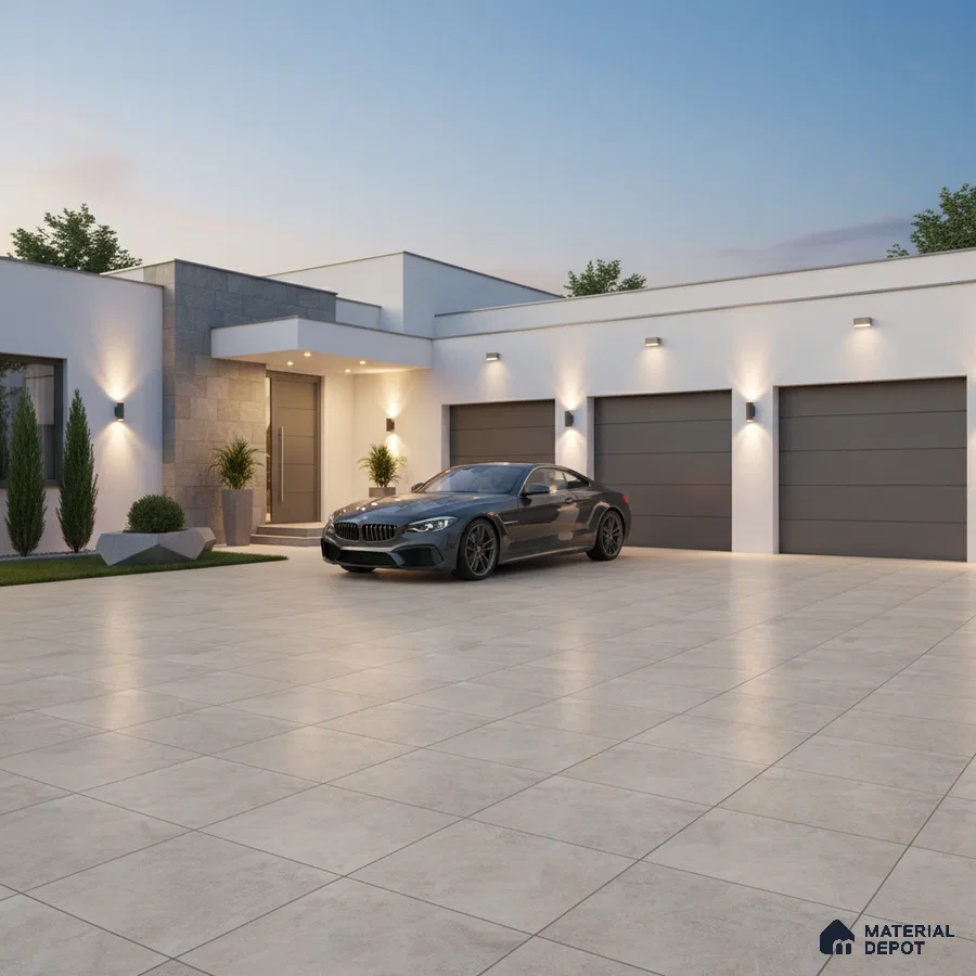 Modern parking with large beige outdoor floor tiles and grey stone cladding