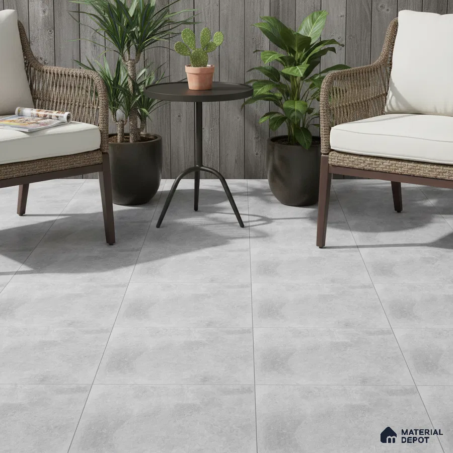 Scandinavian outdoor seating with grey stone-look floor tiles and weathered wood wall panels