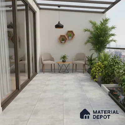 Modern balcony with light grey stone-look floor tiles and wooden accent shelves