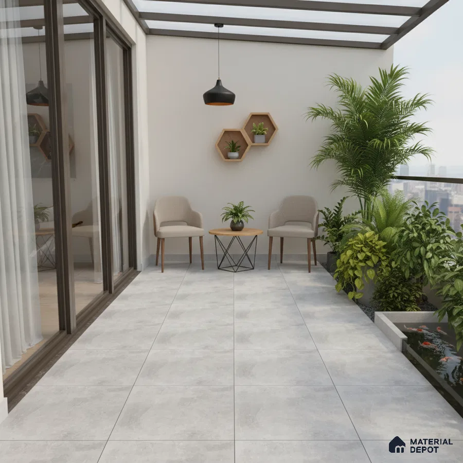 Modern balcony with light grey stone-look floor tiles and wooden accent shelves