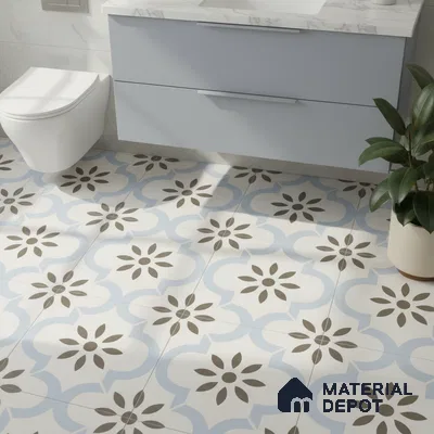 Modern bathroom with blue patterned floor tiles and marble countertop vanity