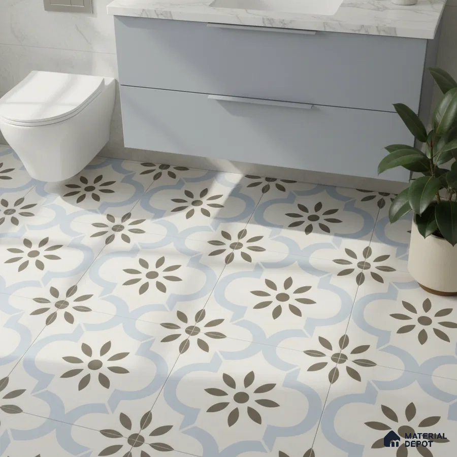 Modern bathroom with blue patterned floor tiles and marble countertop vanity