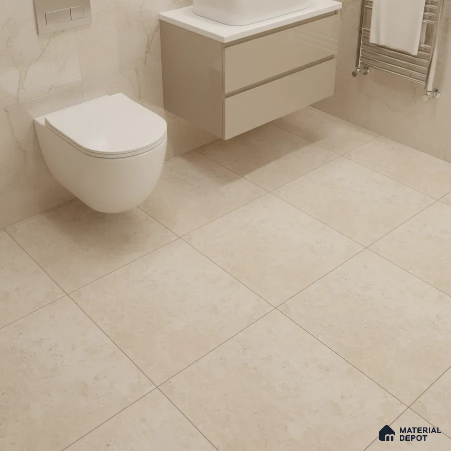 Modern bathroom with beige marble-look wall and floor tiles and glossy taupe vanity
