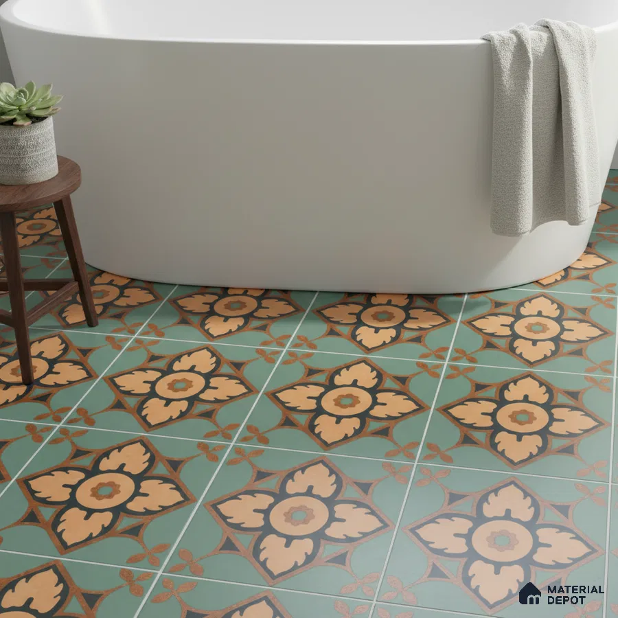 Eclectic bathroom with green and ochre floral patterned floor tiles and modern tub