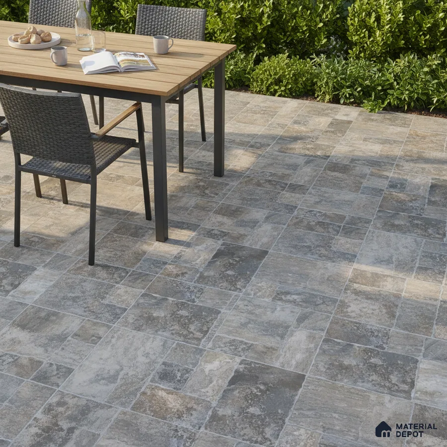 Modern outdoor patio with stone-look patterned floor tiles and wooden dining table
