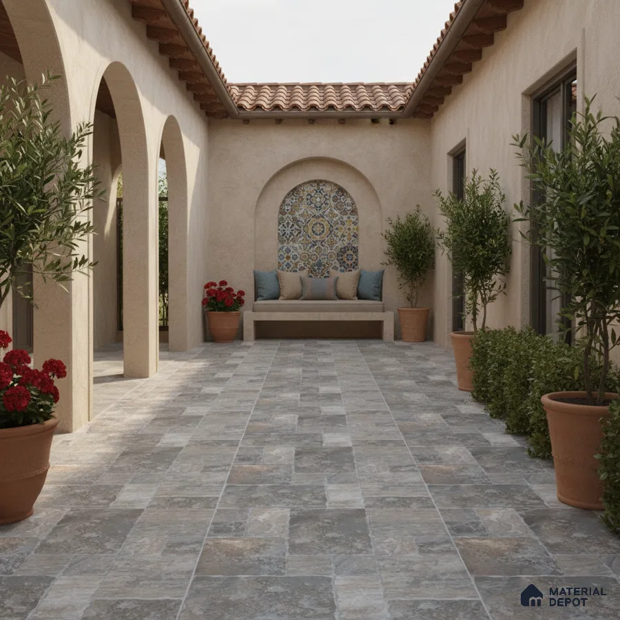 Mediterranean outdoor courtyard with patterned mosaic tile accent and stone-look floor tiles
