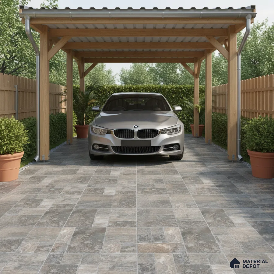 Modern parking with grey stone-look floor tiles and wooden pergola structure