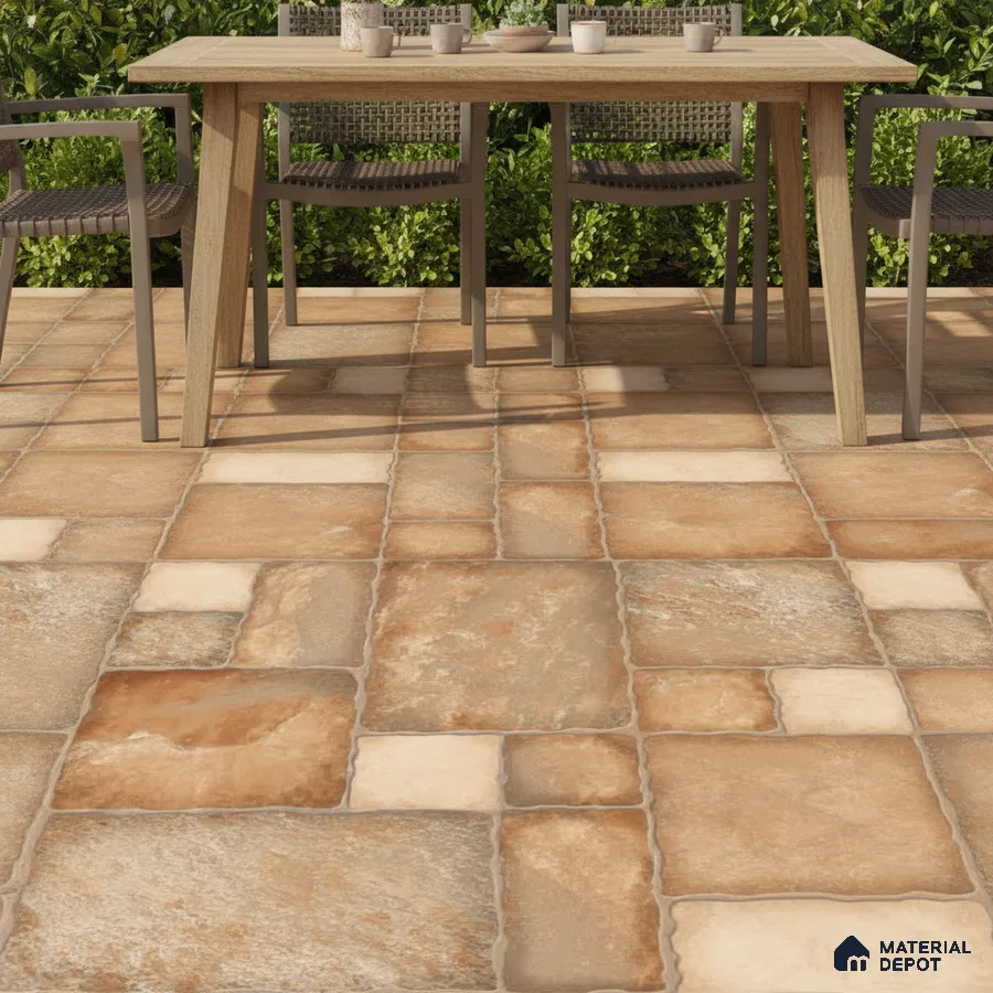 Mediterranean outdoor dining with rustic terracotta stone-look floor tiles