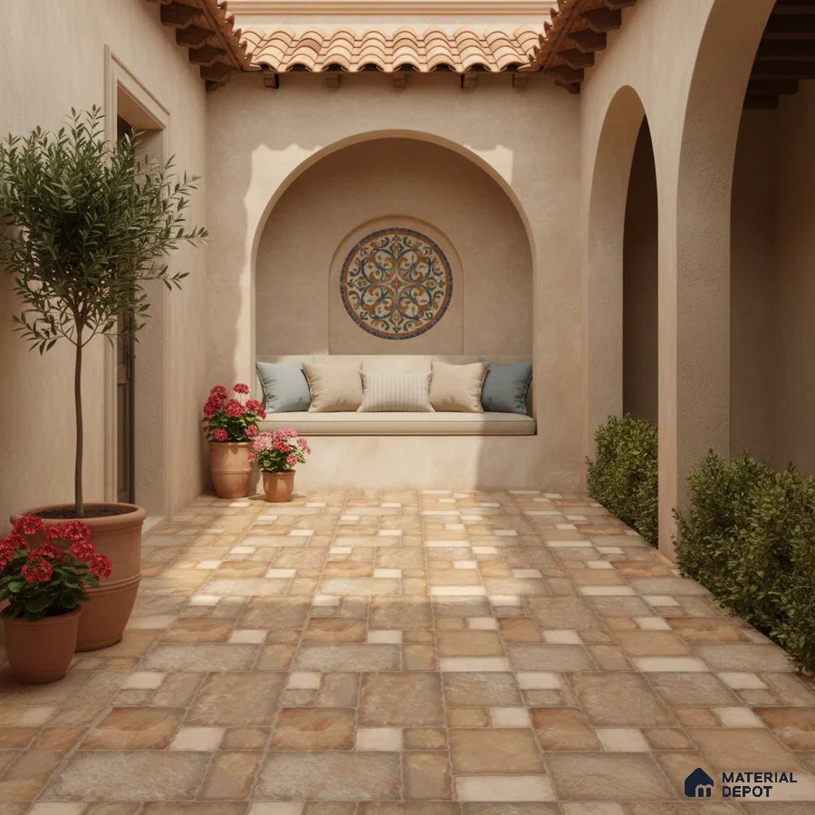 Mediterranean outdoor patio with terracotta roof, beige stucco walls, and patterned stone floor tiles