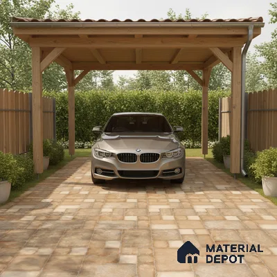 Modern parking with terracotta stone-look floor tiles and wooden pergola roof