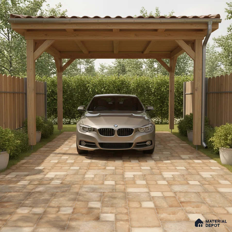 Modern parking with terracotta stone-look floor tiles and wooden pergola roof