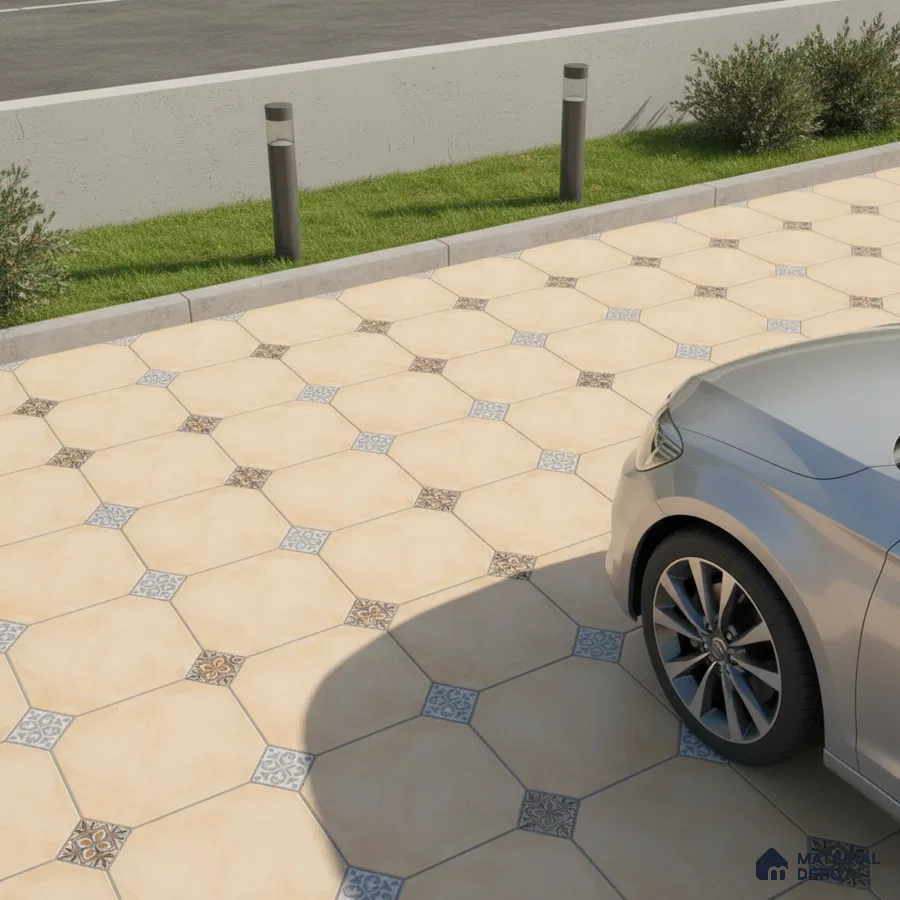 Modern parking area with beige octagonal floor tiles and patterned accent inserts