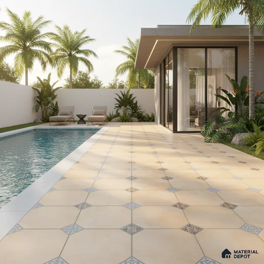 Modern outdoor poolside with beige patterned floor tiles and tropical landscaping