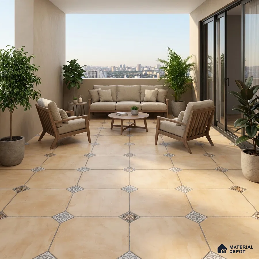 Scandinavian balcony with beige patterned floor tiles and wooden outdoor furniture