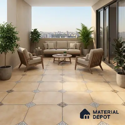 Scandinavian balcony with beige patterned floor tiles and wooden outdoor furniture