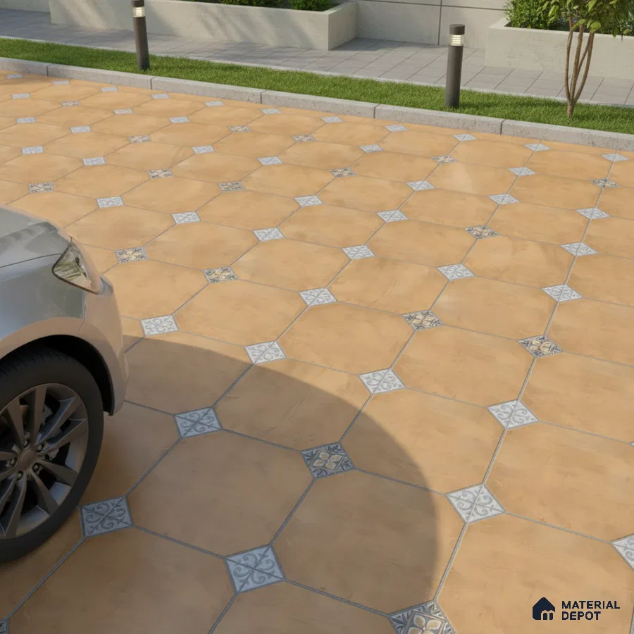 Modern parking with terracotta octagonal floor tiles and patterned accent inserts