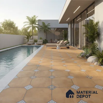 Mediterranean outdoor poolside with terracotta patterned floor tiles and modern landscaping