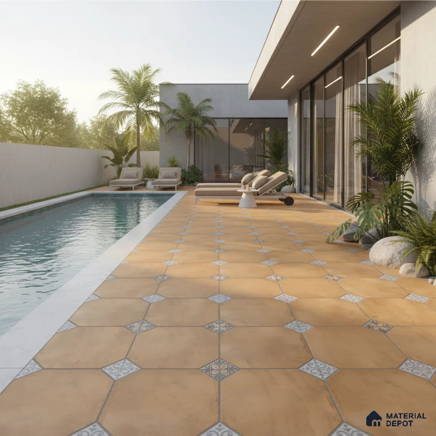 Mediterranean outdoor poolside with terracotta patterned floor tiles and modern landscaping