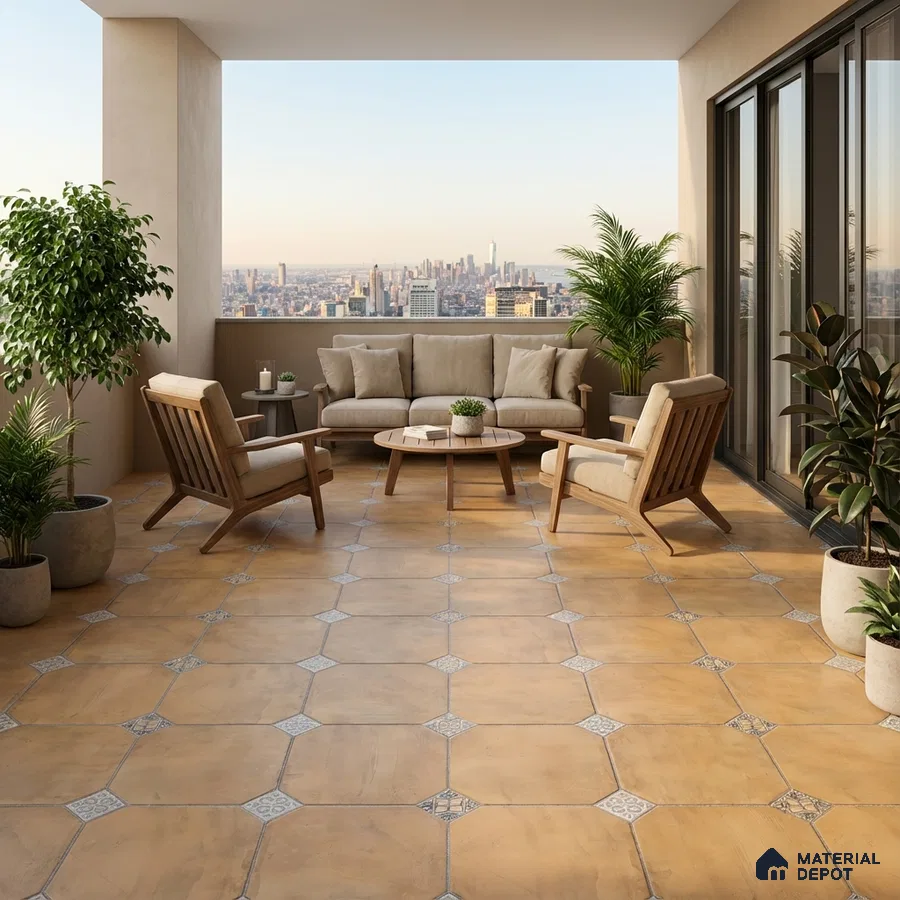 Mediterranean balcony with terracotta patterned floor tiles and natural wood outdoor furniture
