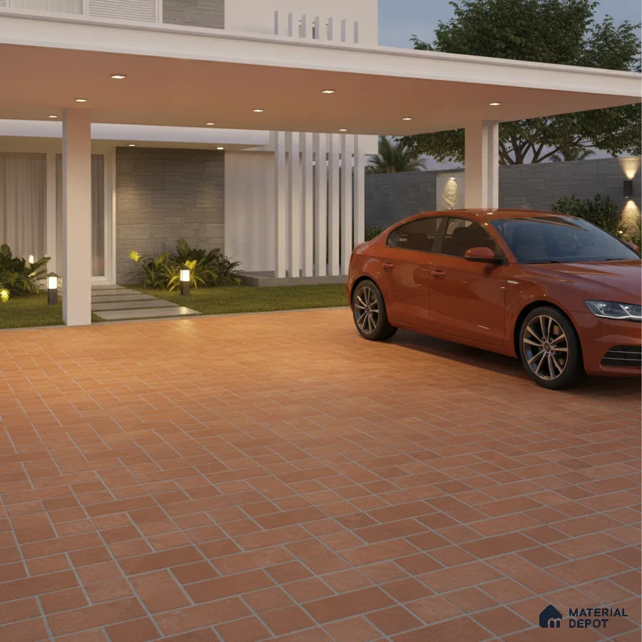 Modern parking with terracotta brick pattern floor tiles and grey stone wall cladding
