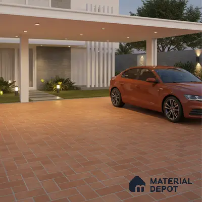 Modern parking with terracotta brick pattern floor tiles and grey stone wall cladding