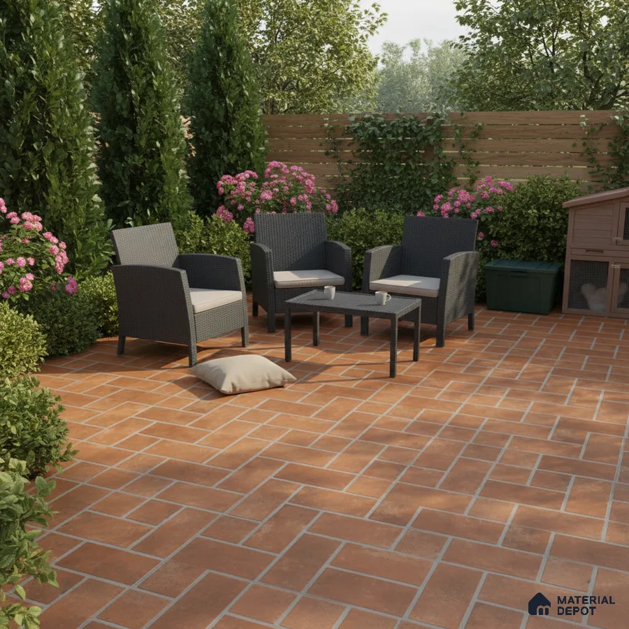 Mediterranean outdoor patio with terracotta herringbone floor tiles and rattan furniture
