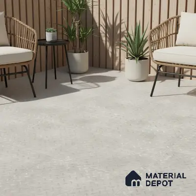 Scandinavian outdoor patio with light grey textured floor tiles and natural wood vertical louvers