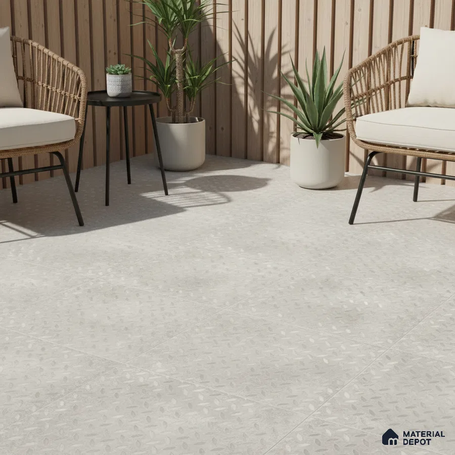 Scandinavian outdoor patio with light grey textured floor tiles and natural wood vertical louvers