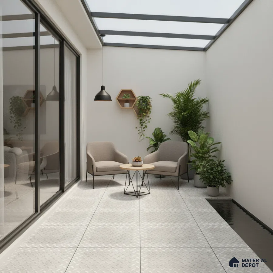 Modern balcony with diamond pattern white floor tiles and glass roof