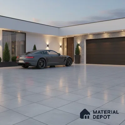 Modern parking with large format grey matte floor tiles and stone cladding accent wall