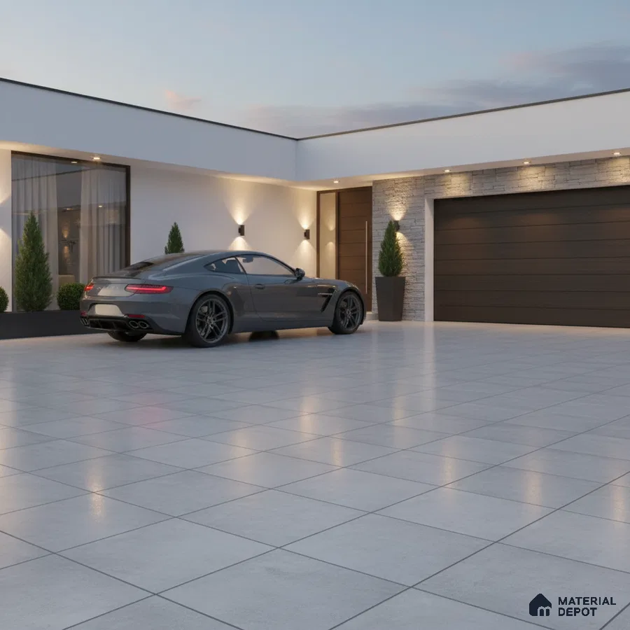 Modern parking with large format grey matte floor tiles and stone cladding accent wall