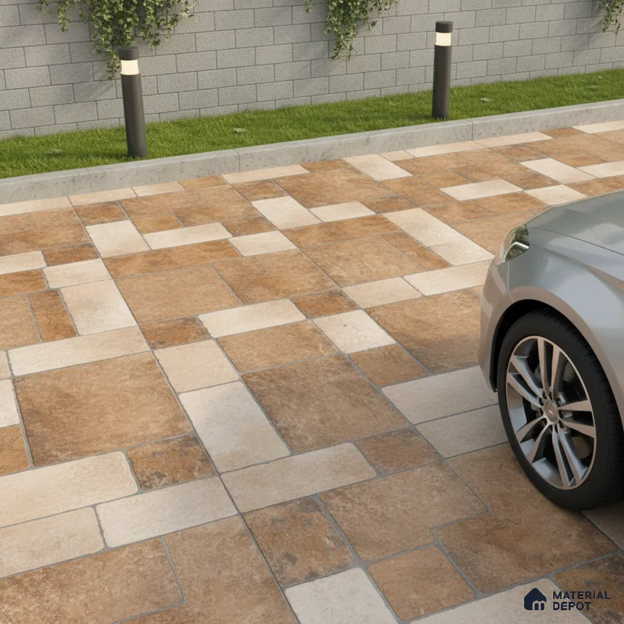 Modern parking area with rustic brown and beige stone-look floor tiles