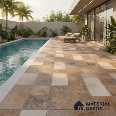 Modern outdoor poolside with beige and tan stone-look floor tiles