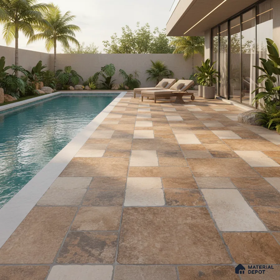 Modern outdoor poolside with beige and tan stone-look floor tiles